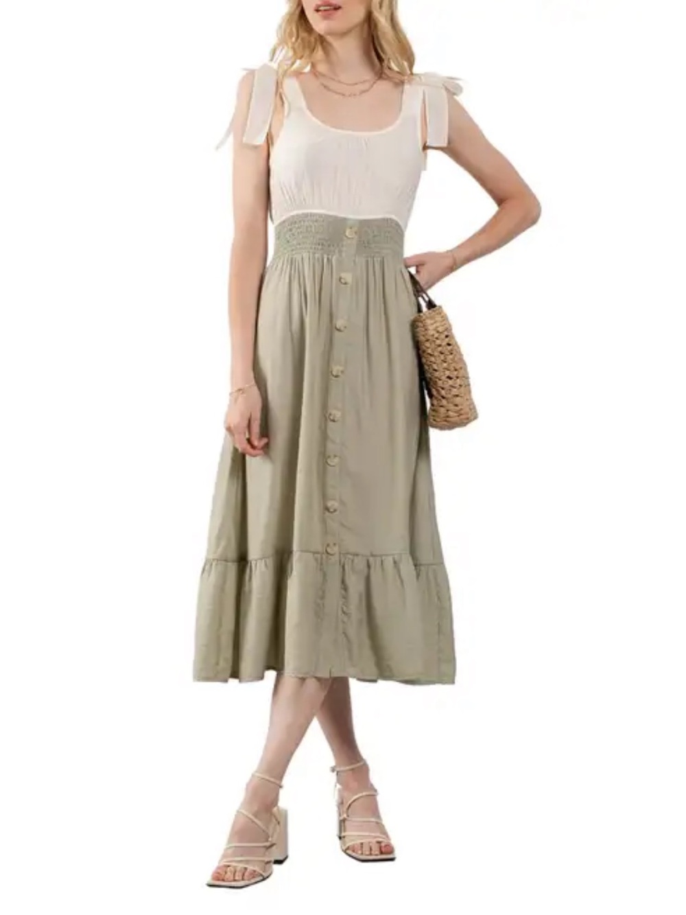Blu Pepper Tie-Strap Smocked Waist Midi Skirt - Sage Green